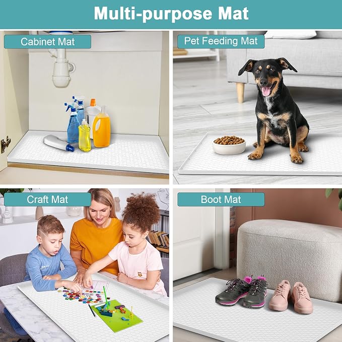Under Sink Mats for Kitchen Waterproof, Silicone Under Kitchen Sink Mat and Protector for 34" x 22" Cabinets, Under Sink Organizer Tray, Shelf Liner Cabinet Liner for Bathroom, White