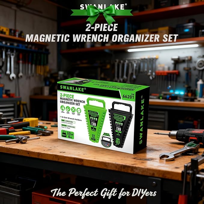 2-Piece Magnetic Wrench Organizer, Metric & SAE Portable Plastic Wrench Holder, 24-Slot Total, Foldable Carrying Handle for Wall-Mounted, Easy-Open Lock Cover, Wrenches Storage Rack Tool for Tool Box