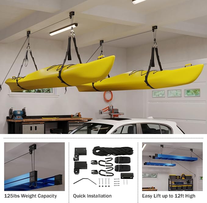 RAD Sportz Kayak Storage Hoist - Overhead Pulley System with 125lb Capacity for Canoes, Bikes, Ladders, and More - for up to 12-Foot Ceilings