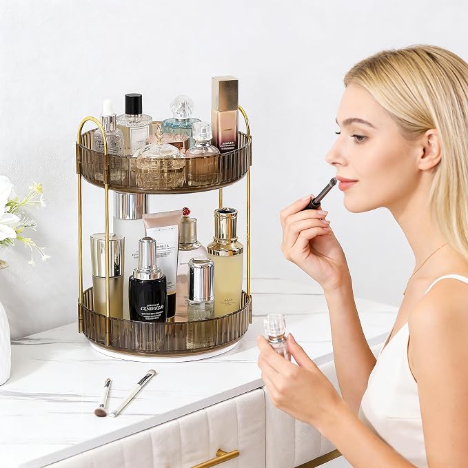 Aveniee 360 Rotating Makeup Organizer for Vanity, Perfume Sincare Organizers Bathroom Countertop Storage, Clear Cosmetics Lipstick Holder for Dresser,2 Tiers, Brown