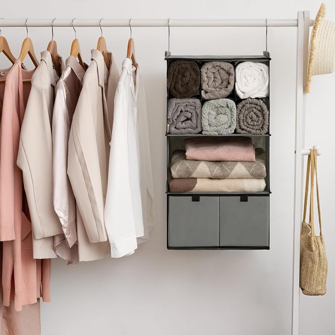 GRANNY SAYS Hanging Closet Organizer with Drawers, 4 Shelf Dividers Closet Hanging Organizer, Foldable Hanging Shelves for Wardrobe Closet, Small Closet Organizers for Clothes Shoes, Grey