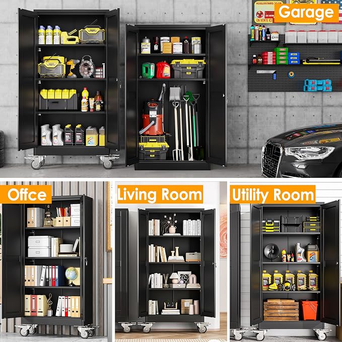 PAOFIN 61''H Metal Garage Storage Cabinet with Wheels,Steel File Cabinets with 2 Doors and 3 Adjustable Shelves for Home Office, Warehouse, Required Assembly,Black