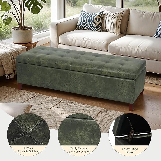 Ottoman with Storage, 51 Inch End of Bed Storage Ottoman Bench, Faux Leather Upholstered Ottomans with Hinged Lid, Rectangle Long Foot Rest Bench for Living Room Bedroom Dark Green