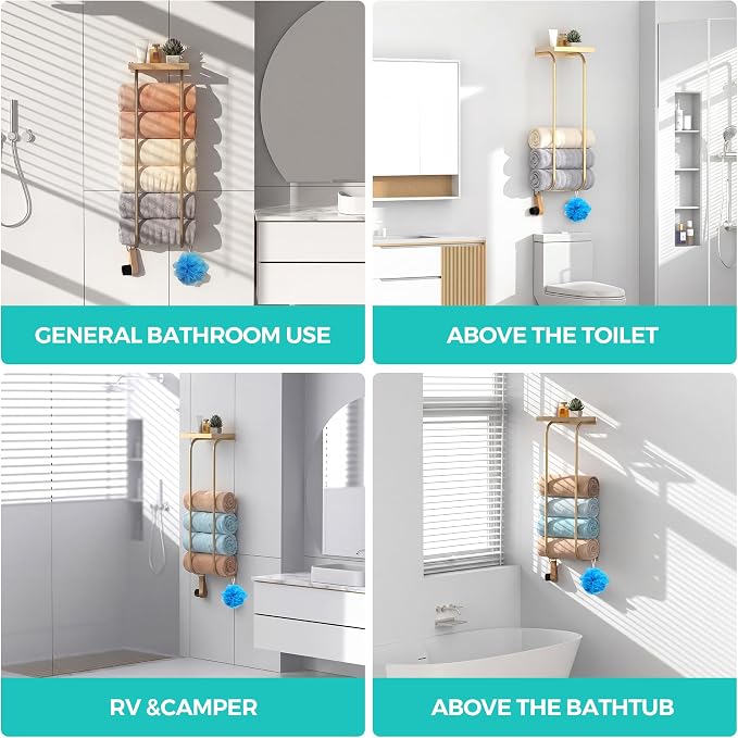 31" Towel Racks for Bathroom, Heavy-Duty Stainless Steel Holds 6 Large Rolled Towels,Wall Mounted Towel Holder with Shelf & Hooks,Extra-Wide Opening Wall Storage for Small Bathroom, Brushed Gold