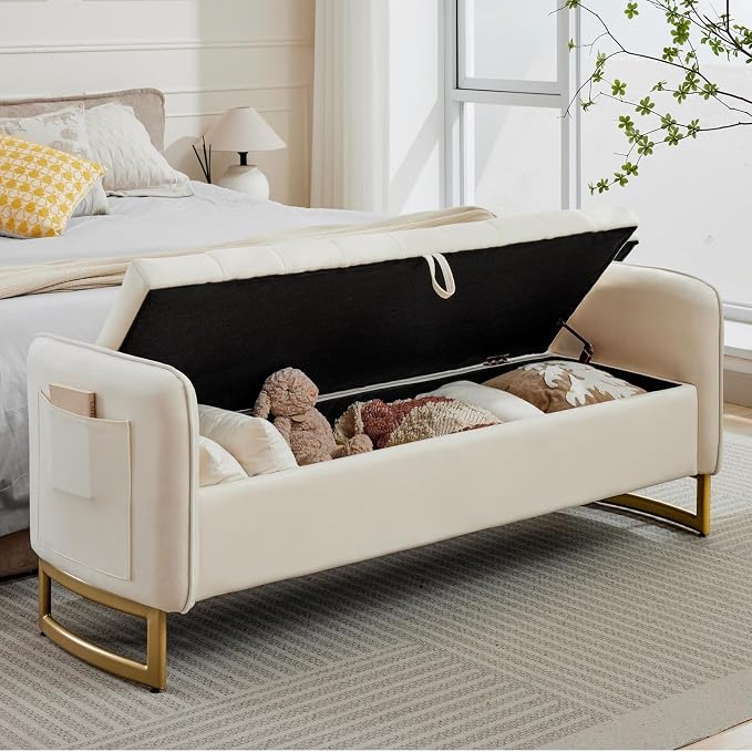 66" End of Bed Storage Bench King Size, Velvet Storage Benches for Bedroom Foot of Bed, Upholstered Storage Ottoman Bench with Golden Legs and Pillow for Living Room Window Entryway, Cream