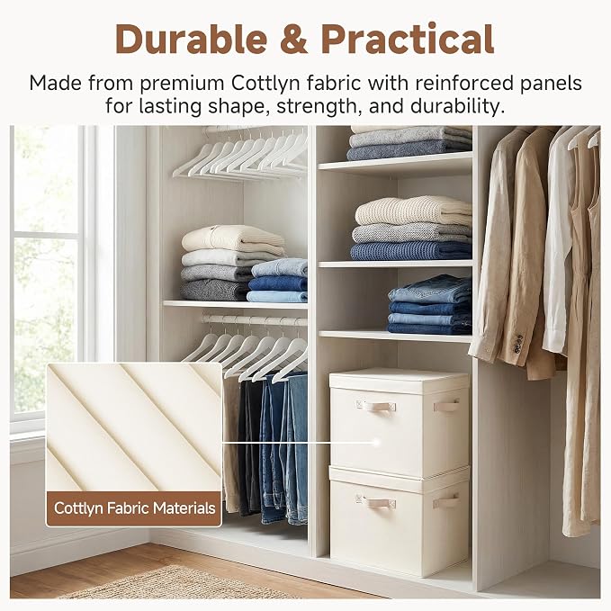 StorageWorks Storage Bins with Lid, Decorative Fabric Storage Bins with Handles, Stackable Closet Organizers for Shelves and Bedroom, Large, Beige(Cotton Linen), 2-Pack