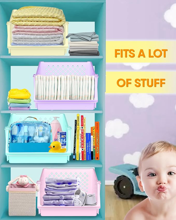 Large Stackable Storage Bins Open Front for Pantry Storage, 4 Pack - Multi | Sturdy Plastic, Easy Stacking, Open Front Access, Ventilated Sides, Vertical & Space Saving Pantry Organizers and Storage Bin