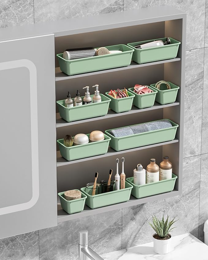 Canfanni 13 Pack Plastic Drawer Organizers Set, 3 Sizes Desk Drawer Organizer Trays for Vanity and Makeup Organizer, Organization and Storage for Makeup, Kitchen Utensils, Bathroom and Office(Green)