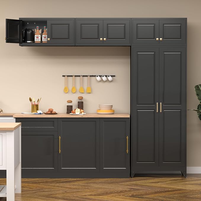 Polup 90" Pantry Cabinet, Tall Metal Storage Cabinet with Doors and Shelves | Black Kitchen Cabinet, 5 Adjustable Shelving, Heavy-Duty, 2 Gold Handles, 4 Standing Feet, for Dining Room Garage & Laundry