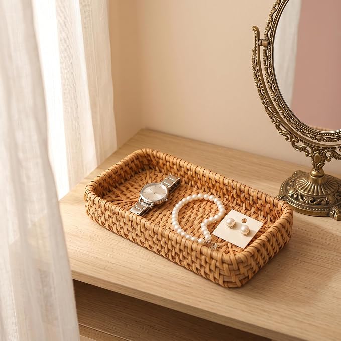 8 Inch Small Rattan Basket Natural Handwoven Tray for Keys Decor | Natural Handwoven Wicker Tray for Jewelry Keys Entryway Coffee Table Bathroom Vanity Wedding Christmas Housewarming Gift