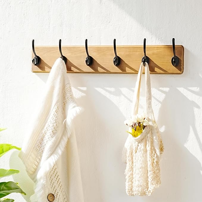 Wall Mounted Coat Rack: 24" Long, Patented, Heavy-Duty, 6-Double-Hooks Wooden Hanger Rail for Winter Coats, Hat, Jacket, Clothing - Weathered Brown, Pack of 2