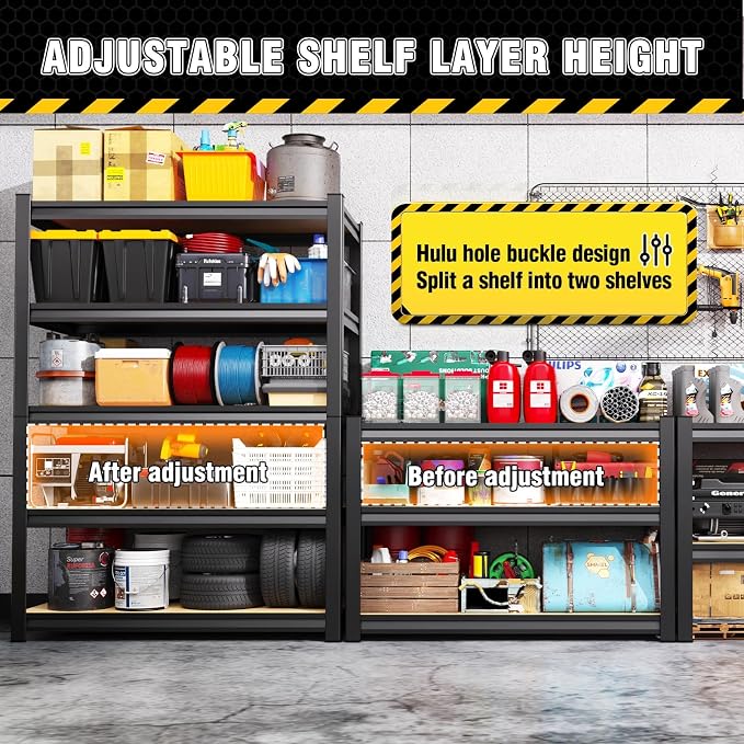 4 Pack Garage Shelving Heavy Duty Storage Shelves, Metal Adjustable Shelving Unit, Utility Garage Organizer Shelf for Basement, Pantry, Kitchen, Warehouse, 71.2" Hx45.6 Wx17.7 D, Black