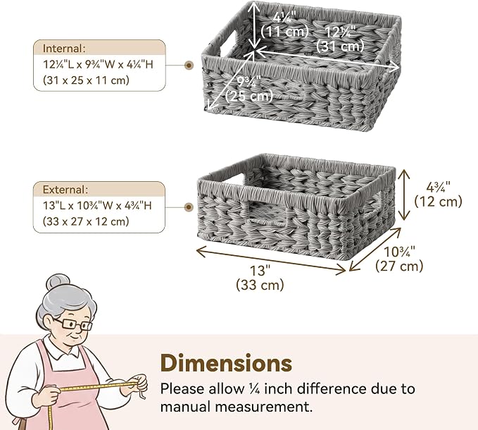 GRANNY SAYS Wicker Basket for Organizing, Wicker Storage Basket for Shelves, Woven Basket for Pantry Storage, Rectangle Basket, Gray, 1-Pack