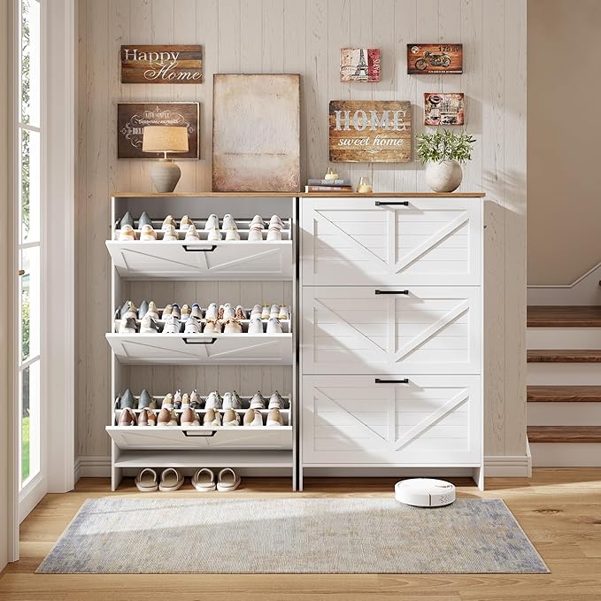 Nicetree Shaker Barn Door Shoe Cabinet - 3 Flip Drawers & 3 Adjustable Shelves, 9.1" Ultra Slim Freestanding, Contemporary Rustic Brushed White Farmhouse Shoe Rack for Entryway, Hallway, Foyer
