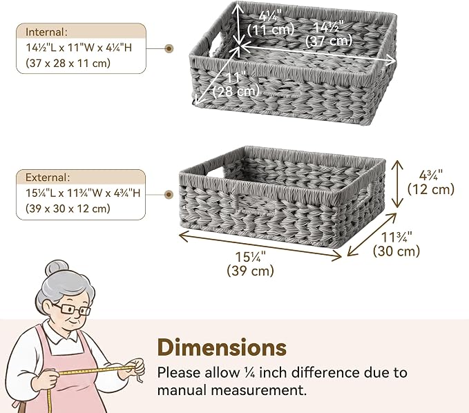 GRANNY SAYS Wicker Storage Basket for Shelves, Wicker Basket for Organizing, Rectangle Basket, Woven Basket for Pantry Storage, Gray, 1-Pack