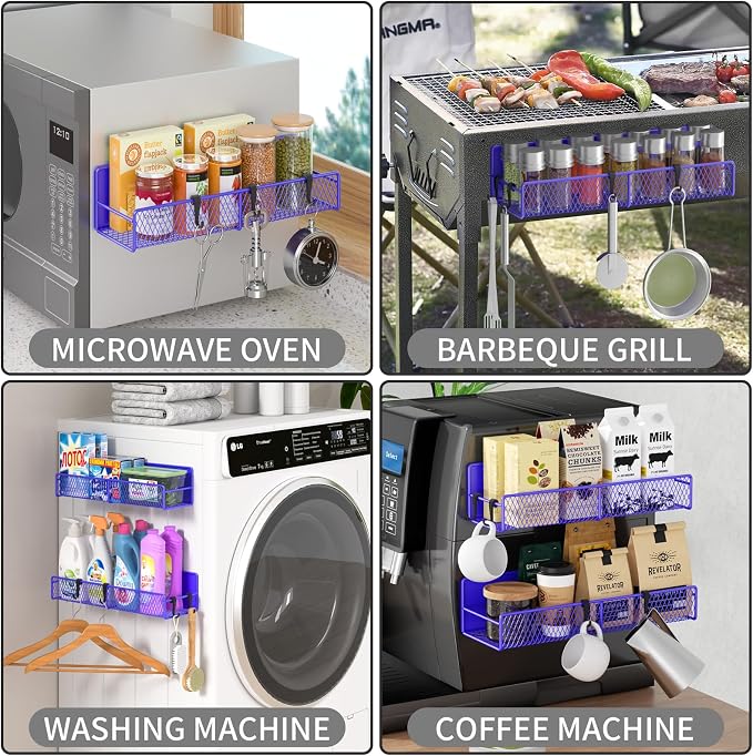 Magnetic Spice Rack for Refrigerator, 2 Pack 100% Metal Strong Magnet Shelf, Space Saving Spice Organizer W/ Hooks, Movable Magnetic Fridge Shelf, Kitchen Home Laundry Storage Organization,Purple Blue