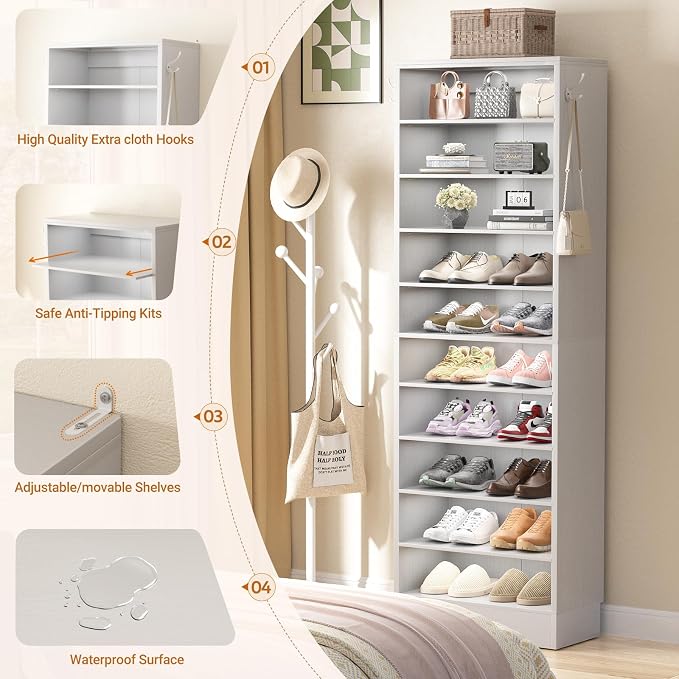 Aheaplus Tall Shoe Cabinet, 10 Tiers Narrow Wood Shoe Rack, Shoe Storage Organizer with Open Storage, Vertical Shoe Shelf Tower for 20-22 Pairs, Space Saving, for Closet, Entryway, Bedroom, Grey
