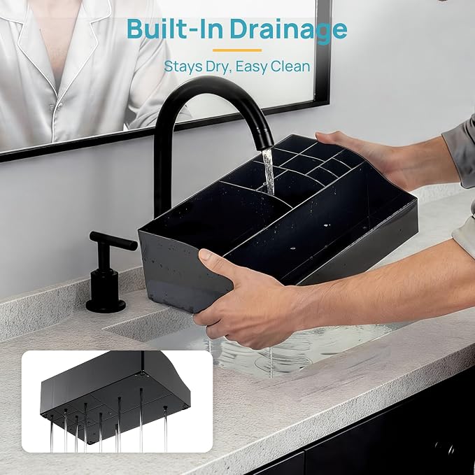 Vtopmart 5 PCS Bathroom Countertop Organizer Sets, Black | 1 Divided Tray with 4 Qtip Holder Jars, For Toothbrush, Cotton Pads Balls, Floss, For Bathroom Countertop