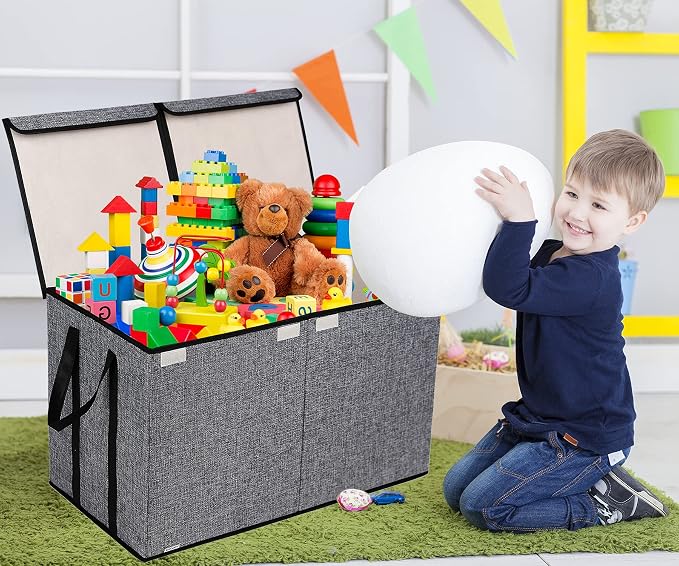 YOLOXO Large Kids Toy Box Chest Storage organizer with Double Flip-Top Lid - Collapsible Sturdy Toy Organizers And Storage Bins With Big Handles For Nursery, Playroom, 26.8"x13.8"x16"(Grey)