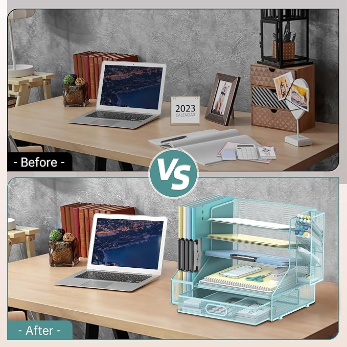 5-Tier Desk Organizer with File Holder & Pen Holder & Sliding Drawer, Blue | Mesh Metal Paper Letter Tray for Papers, Mail, Office Supplies, and Desk Accessories