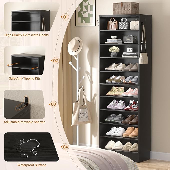 Aheaplus Tall Shoe Cabinet, 10 Tiers Narrow Wood Shoe Rack, Shoe Storage Organizer with Open Storage, Vertical Shoe Shelf Tower for 20-22 Pairs, Space Saving, for Closet, Entryway, Bedroom, Black