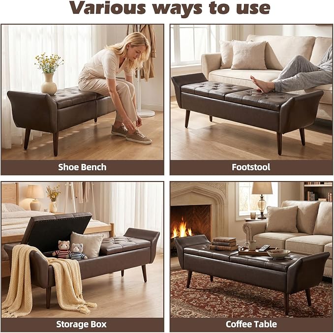 Storage Ottoman Bench 64’’Length 65L Faux Leather End of King Bed Bench