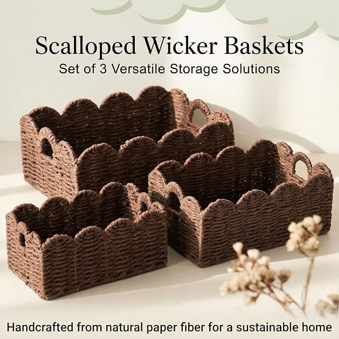 Scalloped Wicker Basket Set of 3, Hand-Woven Storage with Handles | set of 3 brown scalloped baskets with handles. Hand-woven paper rope for shelves, bathroom or closet. Stackable, sturdy.