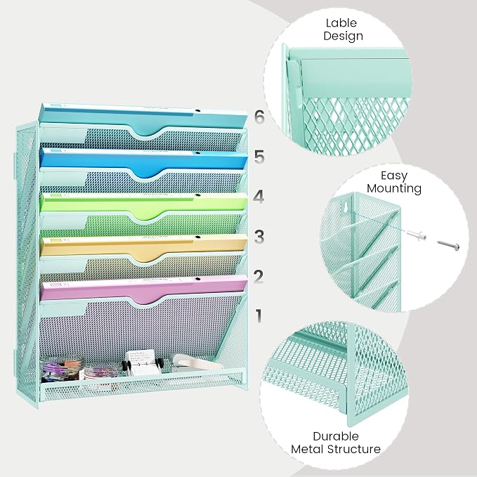 Hanging Wall File Organizer, 6-Tier Desk Organizer with Metal Mesh | Foldable Document Organizer for Office Desk, Wall Mount Magazine Rack for Mail/Books/Tablet, Mint Green
