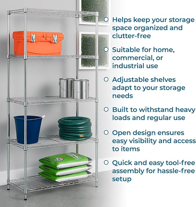 Honey-Can-Do 5-Tier Rolling Chrome Wire Shelf, NSF, 350 lb/Shelf, 36x18x72 | 1,750 lb total on locking casters; NSF-certified for commercial kitchens; add liners to keep small items from tipping