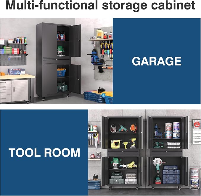 Black Metal Storage Cabinet with Wheels, 73" Tall Garage Rolling Storage Cabinets with Doors and Shelves, Lockable Tool Caninet Steel Locking Cabnets for Home Office, Garage, Pantry