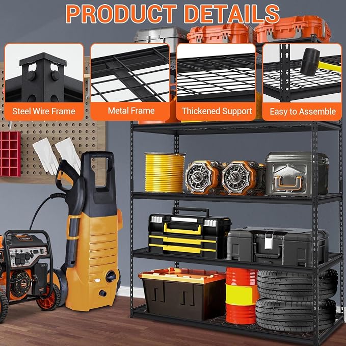 Garage Storage Shelves 5 Tiers, Heavy Duty Storage Shelving Racks with 2500 LBS Capacity, 60 in L x 24 in W x 78 in H Metal Adjustable Utility Shelving Unit for Garage Organization, Basement, Workshop