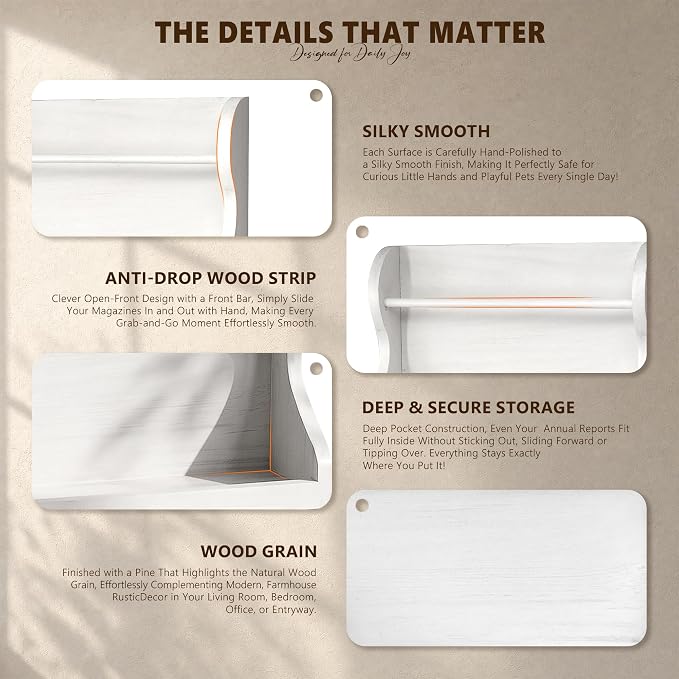 Rebee Vision Mail Organizer Wall Mount with 7 key Hooks Home Decor, White | Mail Holder for Wall, Key Hanger for Sunglasses and Wallets, Mail, Farmhouse Magazine Holder, Wood Decor, Apartment Aesthetic