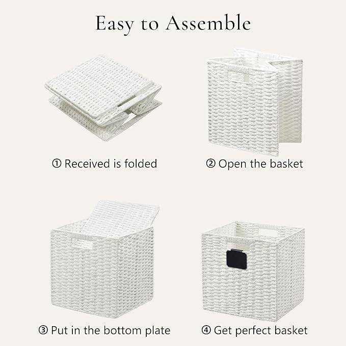 UBBCARE 2 Pack Wicker Basket, 10.5×10.5 Storage Cubes with Label, Foldable Cube Storage Bin with Handle, Square Storage Basket for Shelves, Woven Paper Rope Basket for Organizing, White