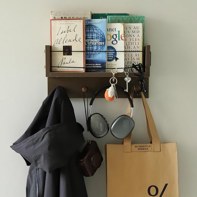 Entrance Coat Rack ,Coat Hooks, Wall-Mounted Wooden Hook Rack, Wall-Mounted Shelves are Very Suitable (Walnut Color Finish-B-1)