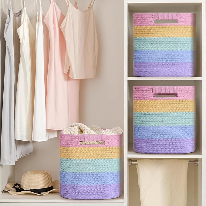 11 Inch Storage Cubes, 3 Pack Cube Storage Bins for Organizing, Cotton Rope Woven Baskets for Shelves, Bathroom, Kids Room, Closets, Baby Nursery