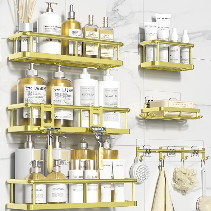 YASONIC Shower Caddy Adhesive, Rustproof Shower Organizer with Soap Holder, Large Capacity Shower Shelves for Inside Shower, No Drilling Bathroom Organizers and Storage for Home Decor(6 Pack Gold)