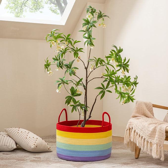 KAKAMAY Large Blanket Basket with Handles, Storage Basket for Living Room | Extra Large Capacity | Natural Cotton Rope | Blanket Storage | Woven Storage Basket | Stuffed Animal Storage | Laundry Basket