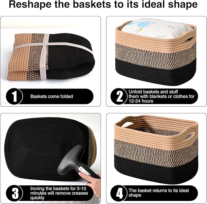 ICERZCZ Storage Baskets for Organizing Shelves, Decorative Baskets for Storage, Woven Cotton Rope Basket for Living Room Bedroom Nursery, 15"x11"x9.5", 3 Packs, Gradient Black & Jute