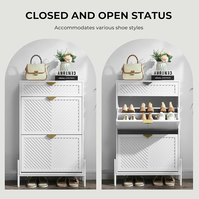 Shoe Cabinet with 2 Flip Drawers, Narrow Entryway Rack, White | Slanted Wood Grain, Freestanding, Adjustable Compartments, Removable Middle Shelf, Metal Handles, for Hallway Foyer Entrance
