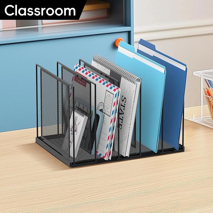 File Organizer for Desk, 5-Section Vertical File Sorter, Paper Holder Organizer Standing Metal File Folder for Office Home Classroom, Black 2 PACK