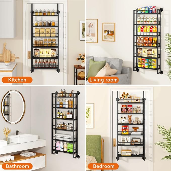 IBUYKE Over the Door Spice Organizer,Door or Wall Mount,Black TLJ028B | 6 Tier Wall Mounted Spice Rack Adjustable Hanging Storage Shelves Spice Organization for Kitchen cabinet Bathroom Closet