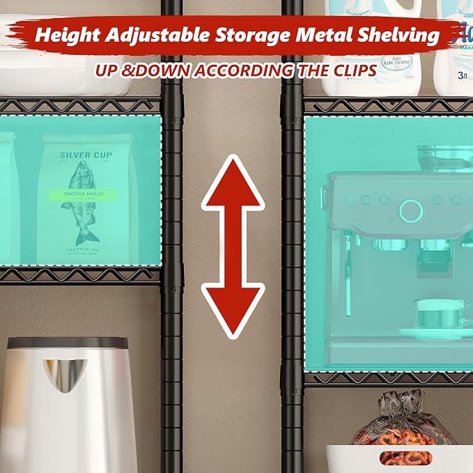 REIBII 5 Tier Storage Shelves with Wheels,1980LBS Metal Shelving for Garage | 25mm thickened pipes, 396 lbs/shelf, lock casters or switch to leveling feet, tool-free setup, fits pantry & kitchen