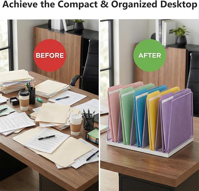 AUPSEN 5-Section File Organizer for Desk, Wood Mesh Desktop File Organizer, File Sorter Storage Rack, Vertical Folder Holder for Files, Magazines, Books (Purple)