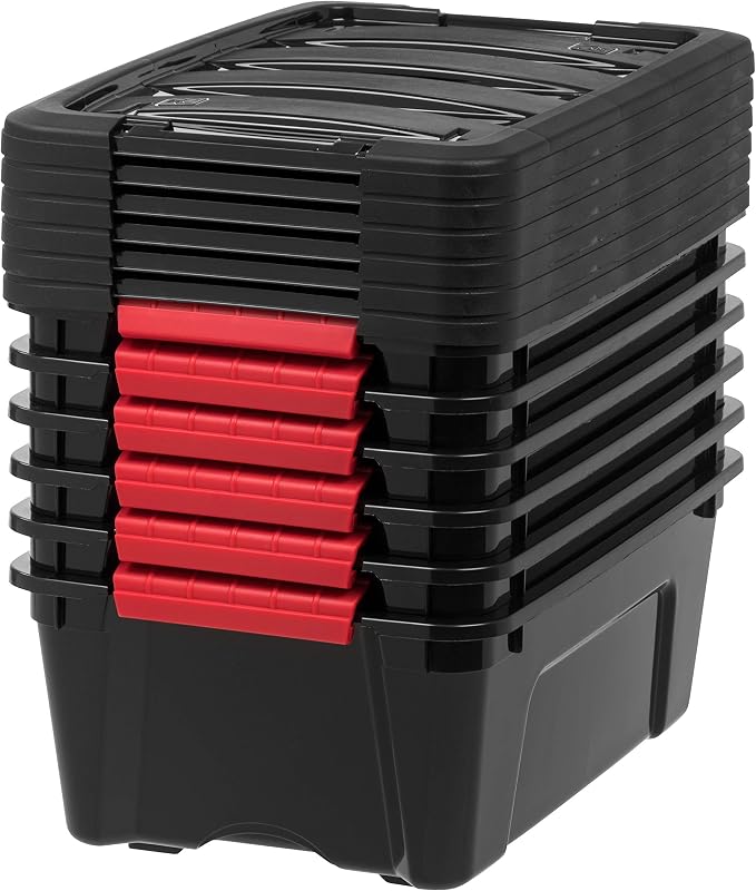 IRIS USA 6-Pack 13 Quart Storage Bins with Lids, Black | Black finish conceals stored items. Ideal for shoes, photos, documents, and small essentials. Nestable design saves space
