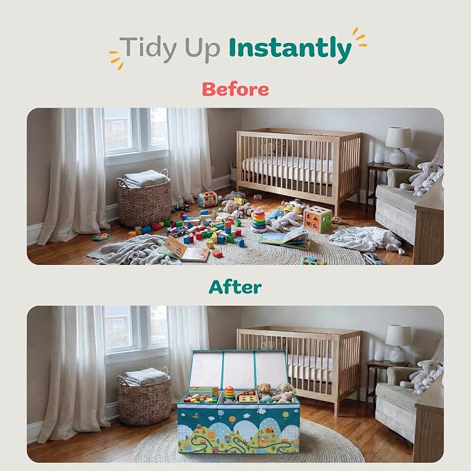 SoftOwl Extra Large Toy Storage Organizer with Lid - Sturdy, Collapsible Toy Chest Storage Box with Cute Design - Toys Bin with Dividers for Kids, Boys, Girls, Nursery, Bedroom, Play room 37"x16"x14"