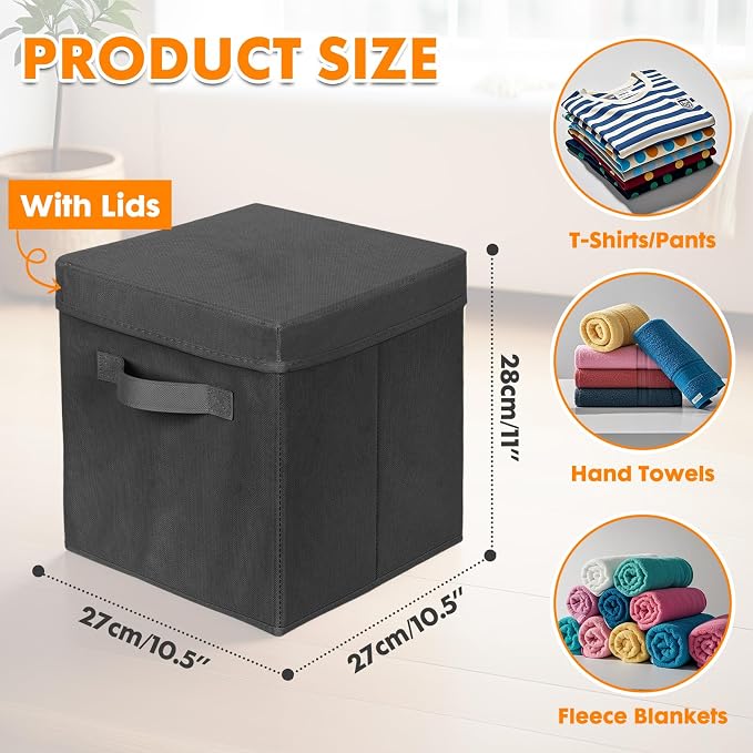ShellKingdom Storage Bins, Foldable Fabric Storage Cube with Lid for Closet | Clothes Storage Organizer Drawer For Closet Toys Storage, 10.5 X 10.5 X 11 INCH, 2 Pack (Black)