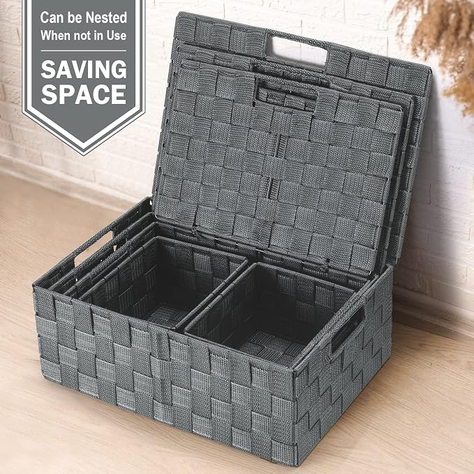 Storage Baskets with Lids: 5 Pack Stackable Woven Storage Bins, Grey | Decorative Woven Baskets for Organizing with Built-In Handles for Shelves, Closets, Cabinets and Cubbies, Gift Small Basket
