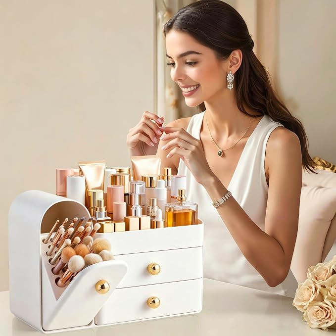 HBlife Makeup Organizer Countertop with Drawers, Vanity Organizers with Brush Holder, Bathroom Counter Organizer for Perfume, Nail Polishes, Lipsticks, Skincare and Eyeshadow Palettes, White