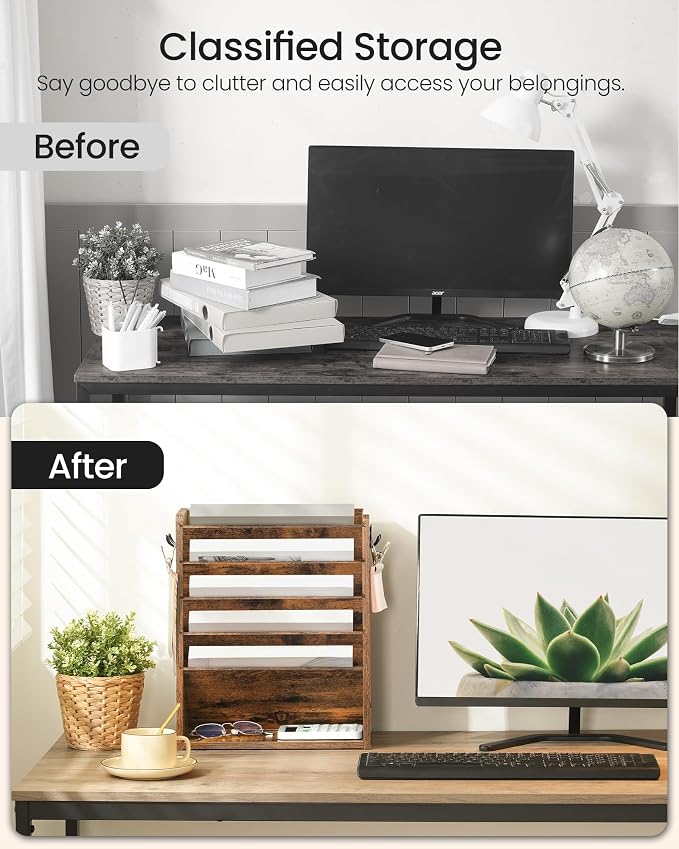 CHOEZON Wall File Organizer, 6-Tier Vertical Mount Hanging Holder with 2 Side Hooks, Vintage Wooden Magazine Storage Crate with Bottom Flat Tray, Desk Organizer, for Office, Home, Rustic Brown MWJ01FG
