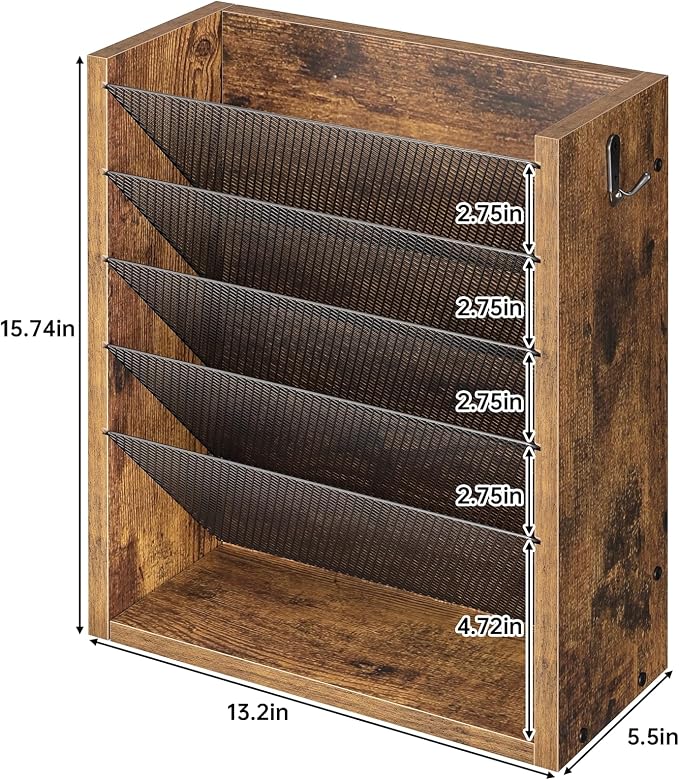 Mail Organizer Wall Mounted, 6-Slot Hanging File Organizer with Key Holder | Mail Sorter, Wood Letter Holder for Envelopes Bills Magazine Folders Papers Accessories for Home Office, Rustic Brown